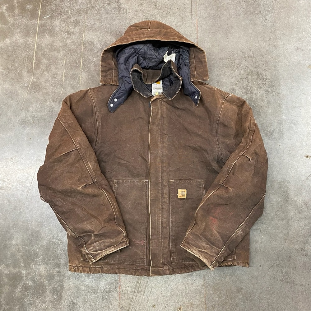 Carhartt J22 Duck Jacket Brown Hooded Workwear Distressed Mens XL
